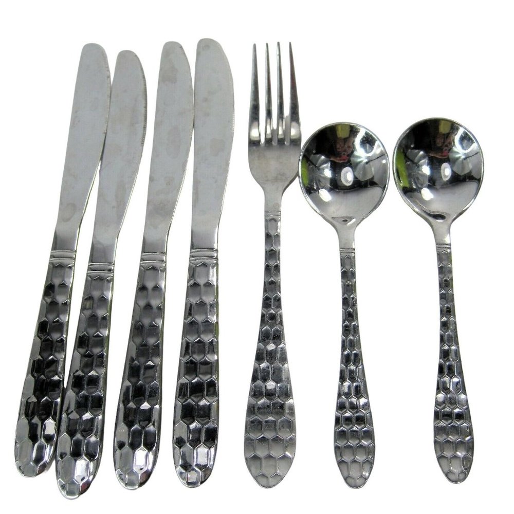 Fork Spoon Knife Steelite Dinner Cortland Silversmith Set 7pc Honeycomb Finish
